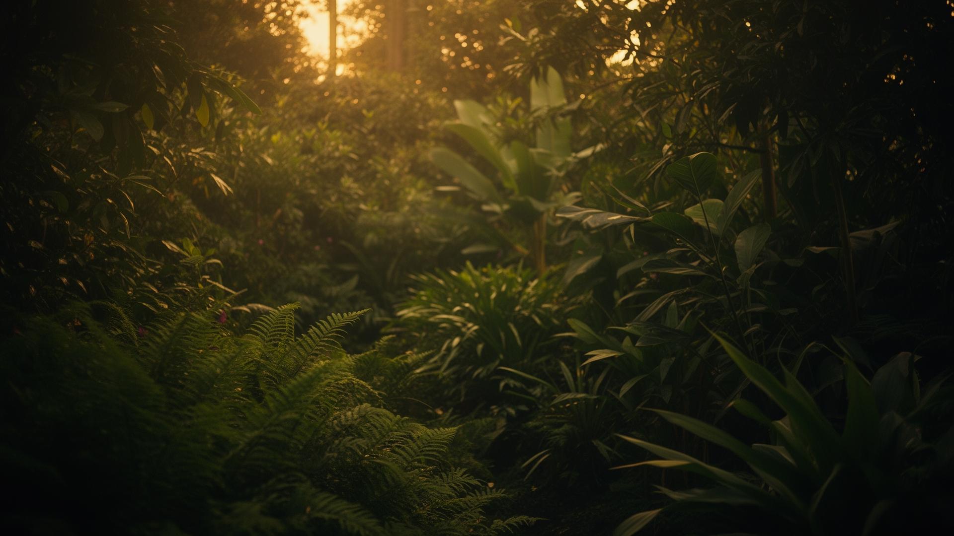 A lush garden at golden hour