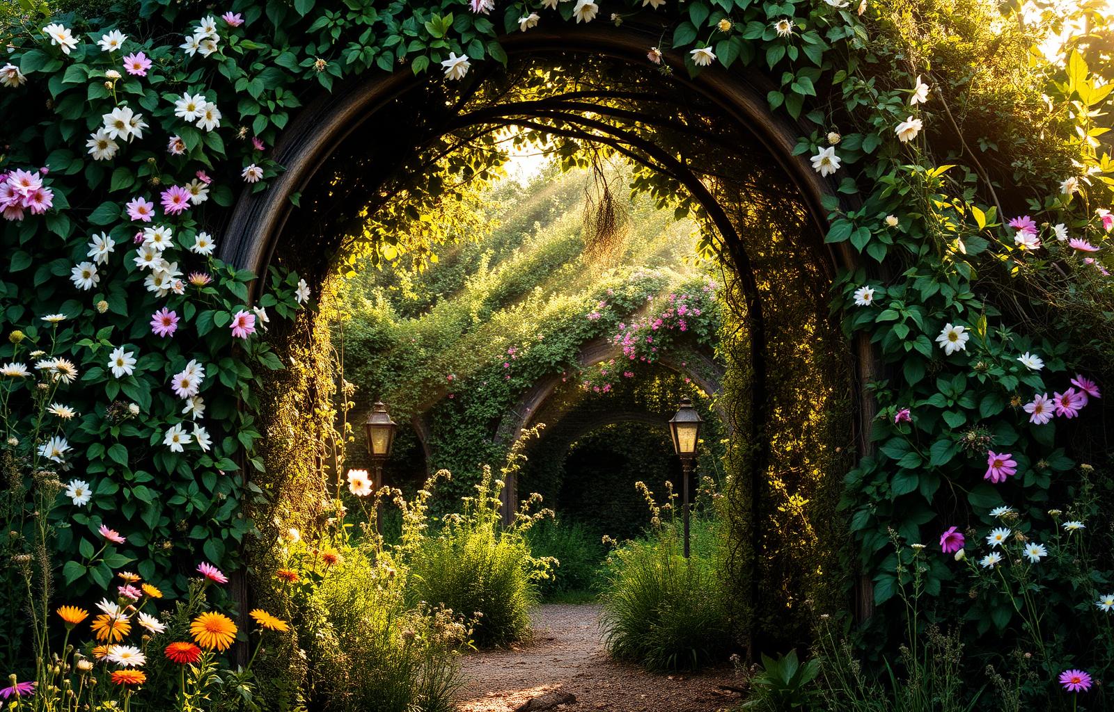 An overgrown garden archway with wildflowers